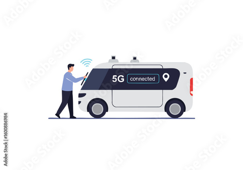A man interacts with a 5G connected autonomous vehicle. Modern technology and automated transport are showcased in a clean, digital style.