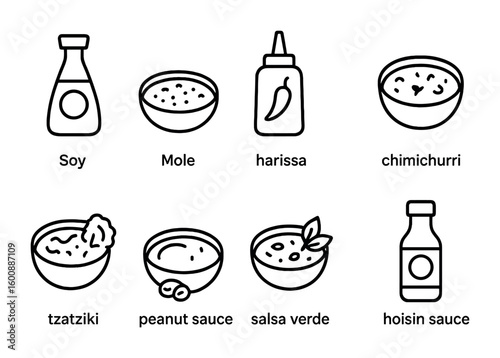 Traditional Sauce Icons. Outline icon set of Traditional sauces: soy sauce, mole, harissa, chimichurri,