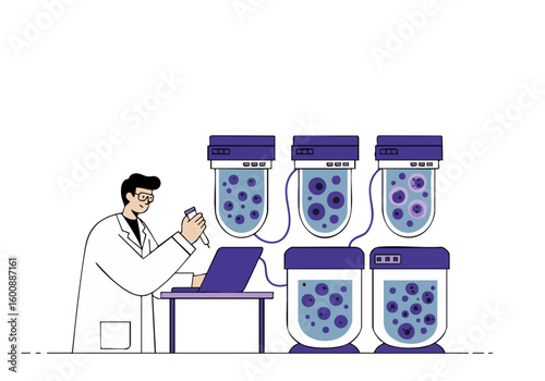 A scientist monitors cell cultures in a lab, analyzing data on a laptop. Modern, clean, and professional. Ideal for science, technology, and research themes.