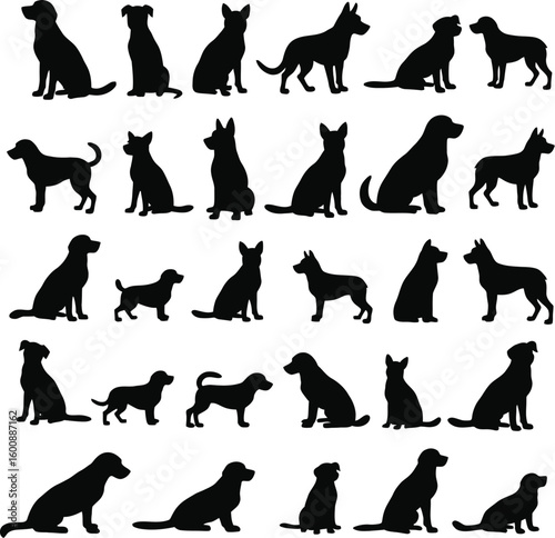 Vector art of a collection of diverse dog silhouettes in various poses and breeds against a clean white background