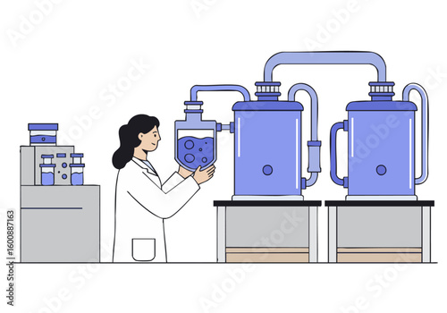 A female scientist inspects laboratory distillation equipment. Clean, modern lab setting with vials and a focused expression. Professional, scientific, and visually appealing.