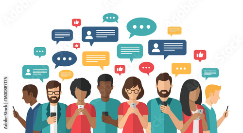 Diverse group of people using smartphones with speech bubbles and like icons.
