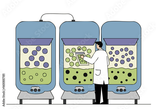 A scientist monitors cell cultures in bioreactors. A professional man in a lab coat observes the tanks, showcasing cell growth. Clean, modern lab setting.