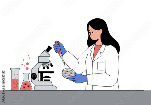 A female scientist prepares cell samples in a lab, utilizing pipettes and equipment. Focused on scientific research and laboratory procedures. Clean, modern aesthetic.