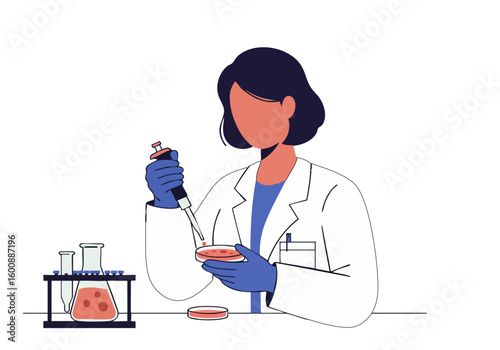 A female scientist prepares cells in a lab setting. She wears a lab coat and gloves, focused on her work. Clean, modern illustration.