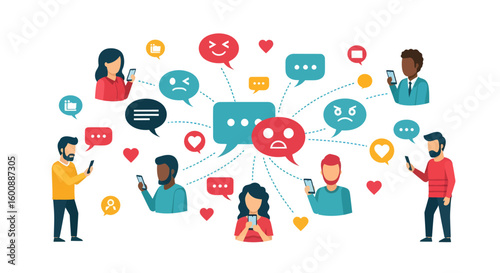Diverse group using smartphones connected by social media emotion icons.