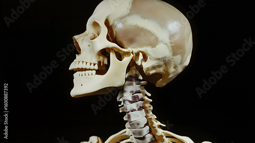 Detailed human skull and upper spine anatomy model against a black background, perfect for medical and educational visuals