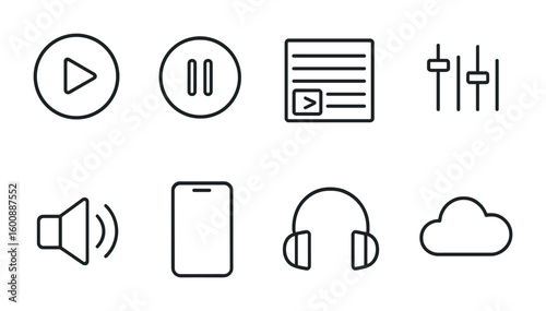 Music Streaming Icons. Outline icon set of Music streaming and digital playlists: play button, pause button,