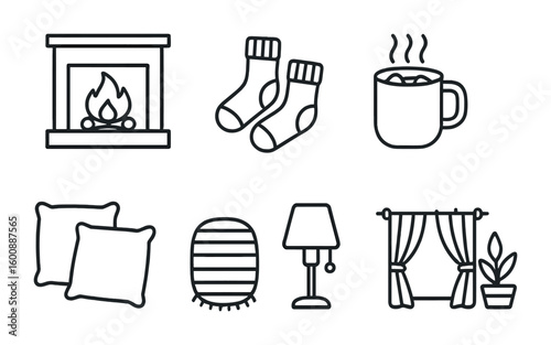 Cozy Home Icons. Outline icon set of Cozy home atmosphere: fireplace, warm socks, hot chocolate, cushions, rug