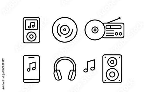 Digital Music Icons. Outline icon set of Digital music devices and media: MP3 player, vinyl record, CD, radio,