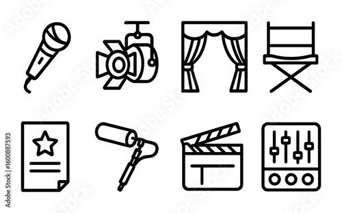 Theater Props Icon Set. Outline icon set of Theater stage equipment and props: microphone, spotlight, stage