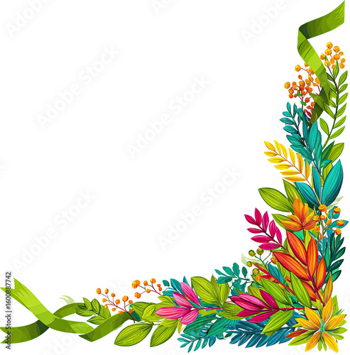Vibrant floral corner border with colorful leaves and ribbons