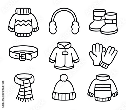 Winter Pet Gear Icons. Outline icon set of Winter pet gear: knitted sweaters, ear muffs, boots, thermal