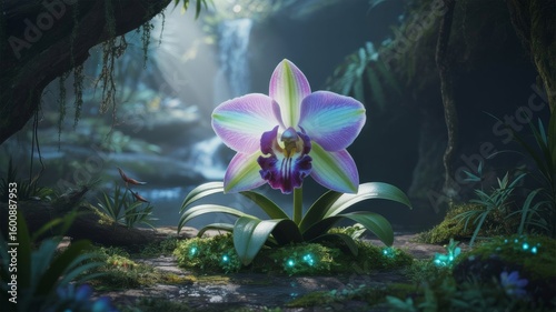 Immersive appeal beautiful orchid flower in jungle with waterfall background nature photography scenery shot