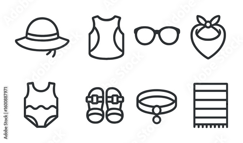 Summer Pet Outfits Icons. Outline icon set of Summer pet outfits: sun hats, cooling vests, sunglasses,