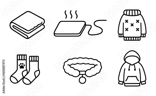 Pet Cozy Essentials. Outline icon set of Pet cozy home wear: fleece blankets, heating pads, soft beds,