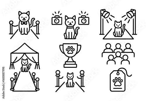 Pet Fashion Icon Set. Outline icon set of Pet fashion events: runway, camera flashes, spotlights, fashion show