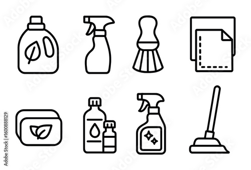Eco Cleaning Icons. Outline icon set of Eco-friendly cleaning products: biodegradable detergent, refillable