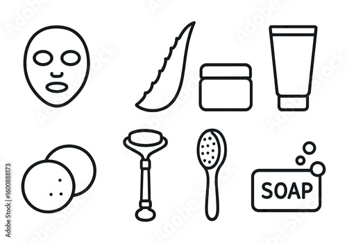 Natural Skincare Icons. Outline icon set of Natural skincare routine: face mask, aloe vera leaf, moisturizer