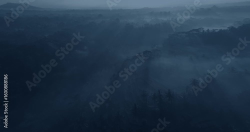 Top shot of rice terraces and jungles in Vietnam at night. Wide angle lens shot. Panoramic movement backward