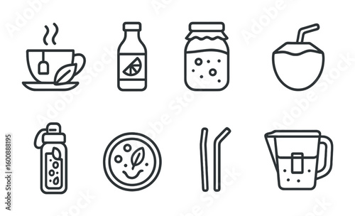 Natural Beverage Icons. Outline icon set of Natural beverages: herbal tea cups, fresh juice bottles, kombucha