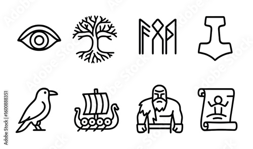 Norse Mythology Icons. Outline icon set of Norse legends: Odin’s eye, Yggdrasil, runes, Mjölnir, raven,
