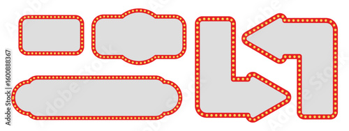Marquee frames with red border, retro casino signboards with white background. Vintage circus banners with yellow light bulbs. Vector illutration.
