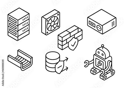 Isometric Data Center Icons. Outline icon set of isometric data centers: server rack, cooling fan, power unit,