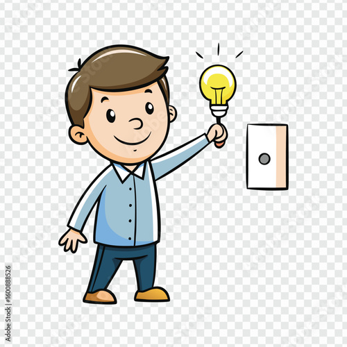 "Cartoon Boy Turning on Light: Bright Idea Illustration"
