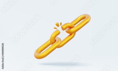 3D vector Golden broken chain unlink safety risk freedom connection isolated on pastel background. Unchain vulnerability technology cartoon design element. 3d icon illustration