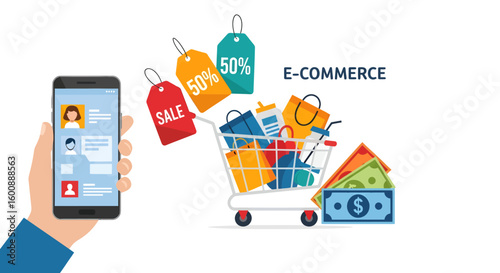 Ecommerce scene with mobile phone shopping cart sale tags and colorful money.