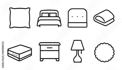 Bedroom Comfort Icons. Outline icon set of bedroom comfort: throw pillow, bedspread, headboard, blanket fold,