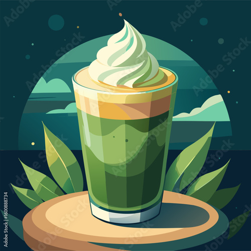 Matcha Latte beverage with whipped cream in a glass on a wooden surface with foliage in a stylized. artistic illustration. Refreshing summer drink with an eye catching aesthetic.