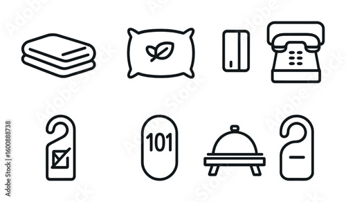 Hotel Icon Set. Outline icon set of hotel room details: folded towel, mint on pillow, room card, nightstand