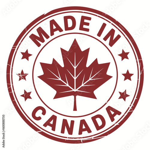 Official made in canada stamp with maple leaf emblem