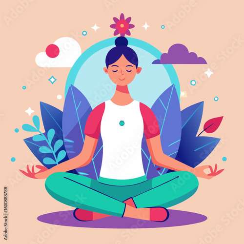 Young woman in casual clothing meditating in a peaceful natural setting. Calmly seated in lotus pose amidst foliage and clouds. promoting mindfulness.