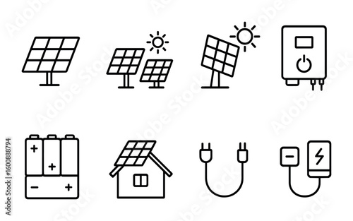 Solar Power Icons. Outline icon set of solar power systems: photovoltaic panel, solar farm, sun tracker,