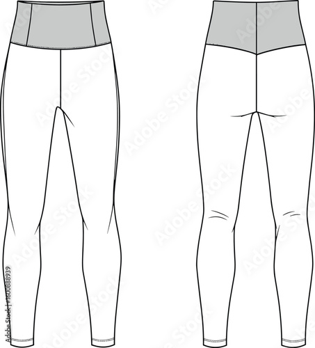 Leggings technical drawing, front view, back view, high waist design, contrast waistband, seam detail, fashion flat, garment blueprint, apparel template, clothing layout, fashion CAD, leggings mockup,
