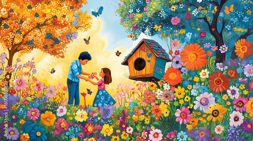  A family installing a little birdhouse amid their colorful garden blooms 
