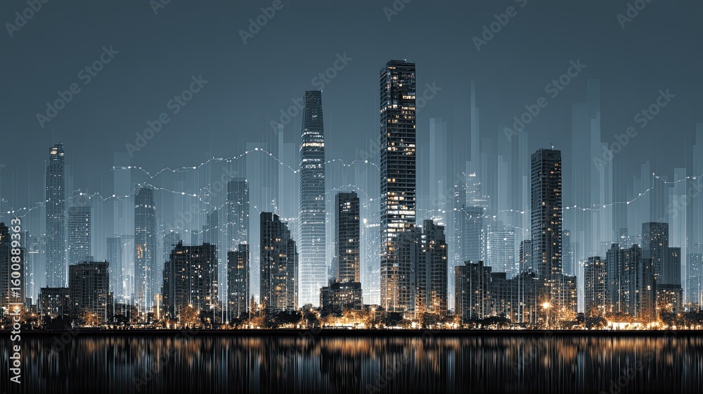 Fototapeta premium Smart city business growth data showing innovation trends, urban economy, infrastructure analysis, and tech development