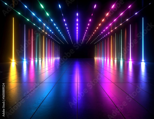 Neon lights reflecting on dark floor