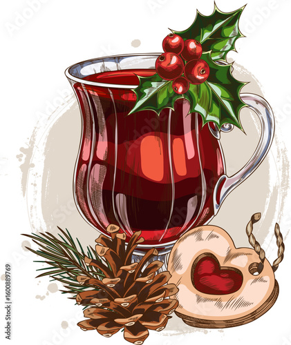 Watercolor vector sketch of a glass of mulled wine with holly, pine cone on a branch and cookies.