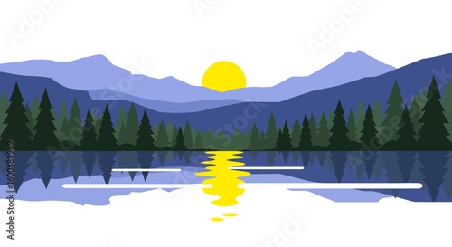 Serene Mountain Lake Landscape with Forest Reflected Sunlight and Layered Peaks.