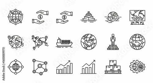 Global Business and International Trade Line Icon Set – Vector Worldwide Commerce, Logistics, Connectivity, Supply Chain Symbols