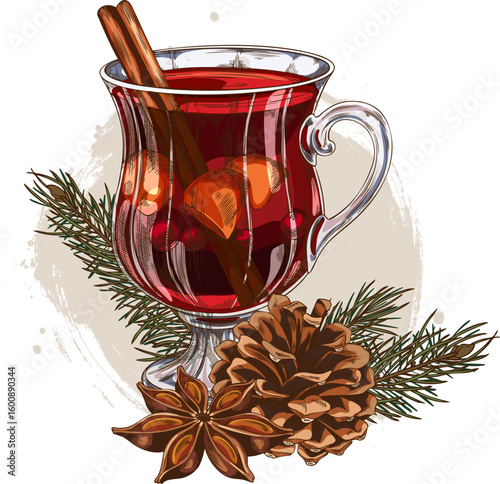 Glass of mulled wine with cinnamon rolled sticks, pine cone and branch, anise star spices, vector hand drawn hot drink