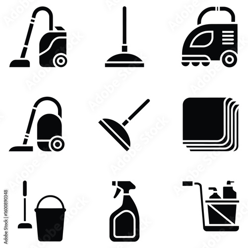Cleaning supplies and equipment icons vacuum cleaner