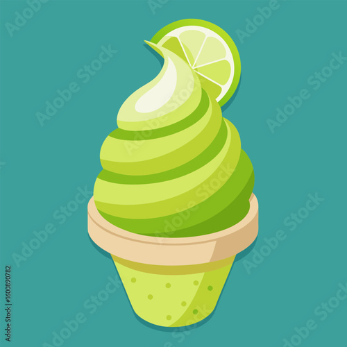 Lime green ice cream swirl in waffle cone with lime garnish. Flat design depiction against teal background. Dessert item for a cafÃ© restaurant. Isolated graphic element.