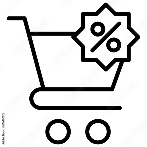 Shopping cart icon with percentage for the item being viewed or to be added to cart represents the percentage of discount, promotion or savings coupon.