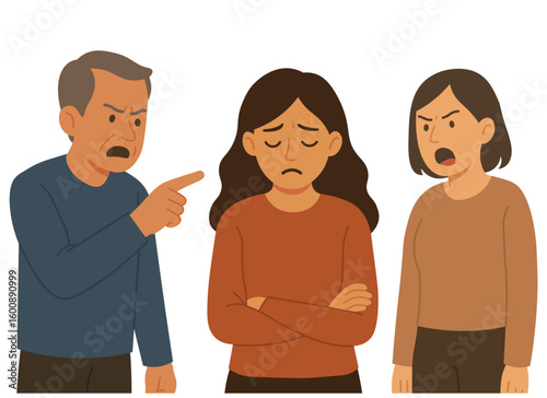 Parents scolding their child flat vector illustration