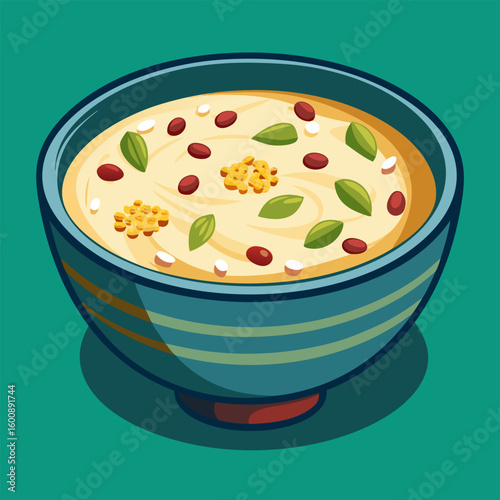 Asian soup in a teal bowl. A colorful. stylized representation of a bowl of soup filled with various ingredients. featuring a vibrant. appetizing aesthetic.